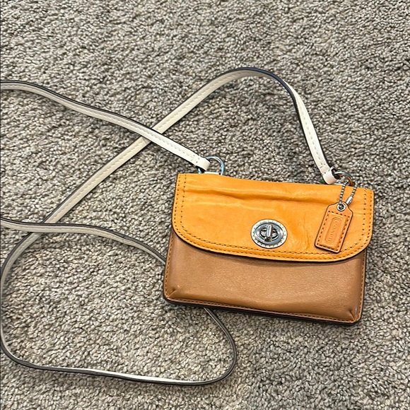 Coach Handbags - Coach Two-Tone Leather Crossbody Bag - Orange and Tan